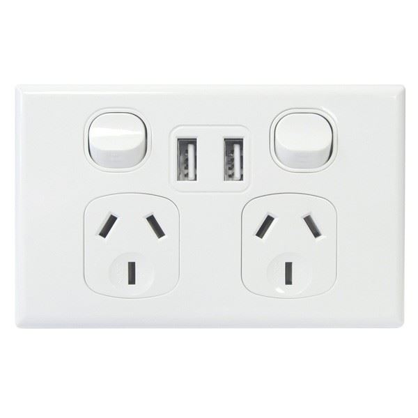 Double Horizontal 10Amp Socket with Double USB Charger - White